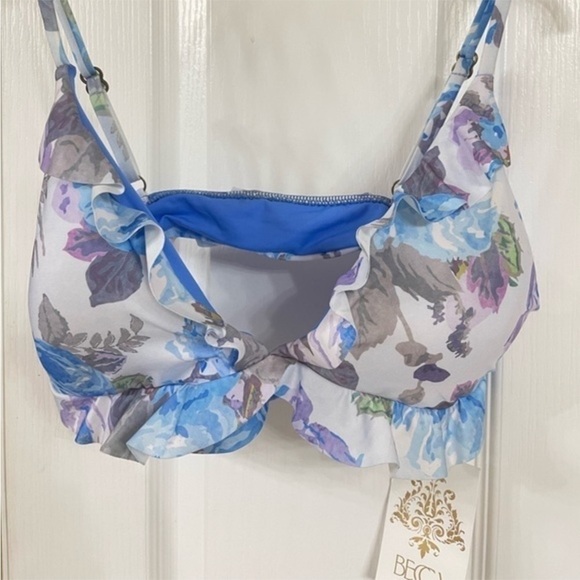 BECCA Blue Vintage Floral Print Ruffled Bikini Top - Picture 4 of 8